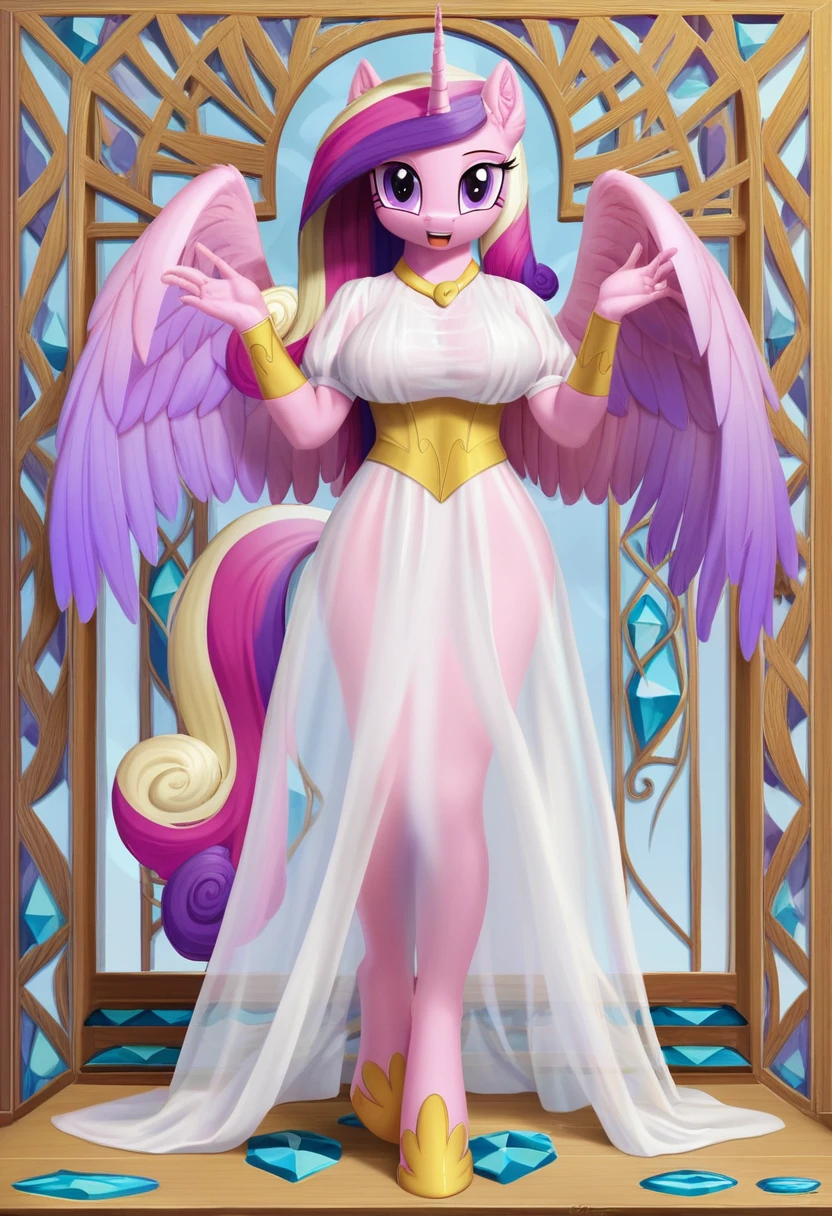 score_9, score_8_up, score_7_up, score_6_up, score_5_up, score_4_up,  by aki99, source_pony, rating_questionable, masterpiece, countershading, detailed soft lighting BREAK
anthro pony princess cadance wearing a pink see through dress, long hair, joyful, oiled, shiny, large breasts, full body, ear fluff, fashion show background 