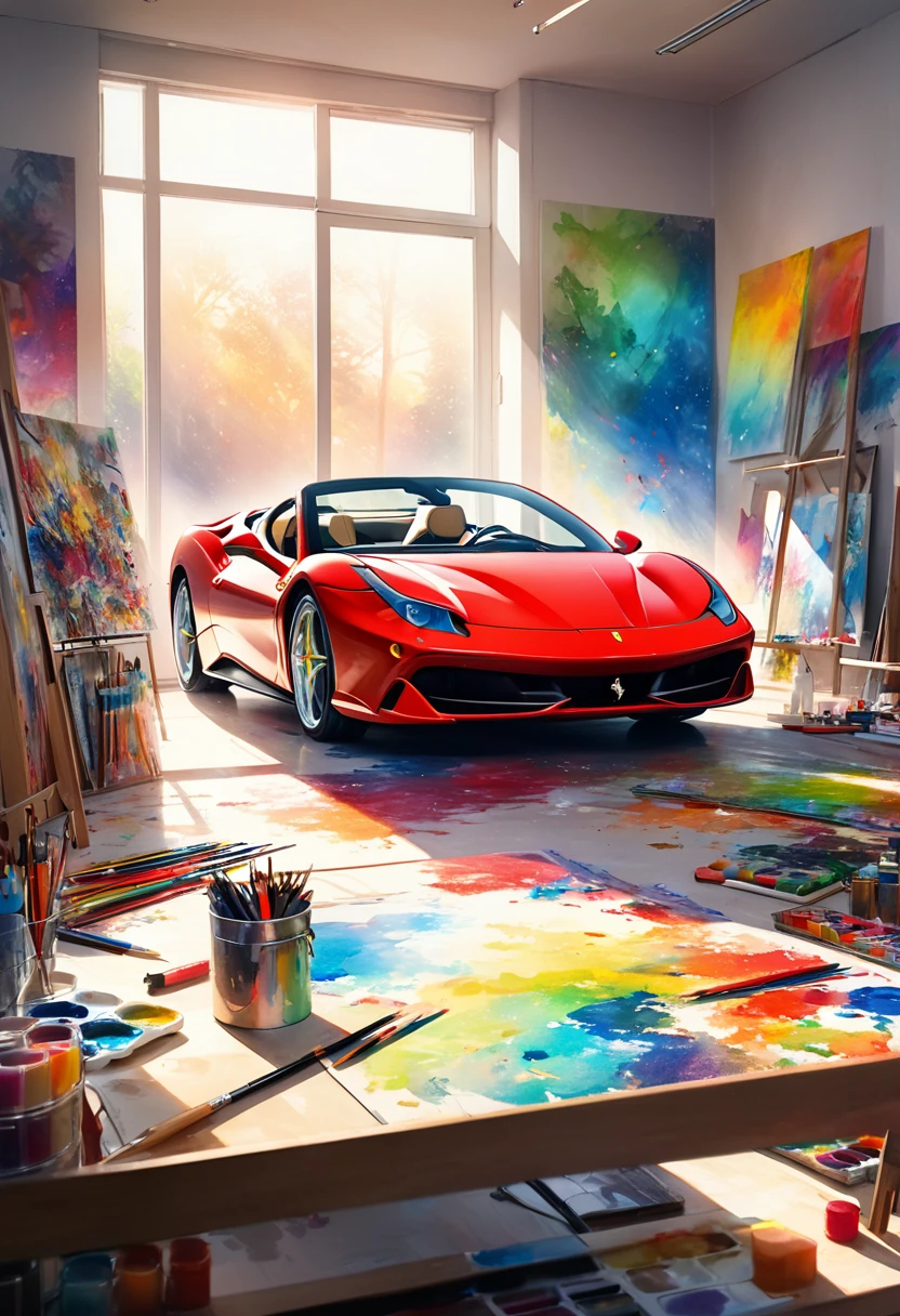 Ferrari convertible painted on canvas, sunlight shines into a dimly lit room, the room is cluttered with art supplies, conceptual installation art, 2.5D, delicate and dynamic, fusion of watercolors and oil paintings, magic of vivid color shades and contrasts, gradation, foggy filter effects