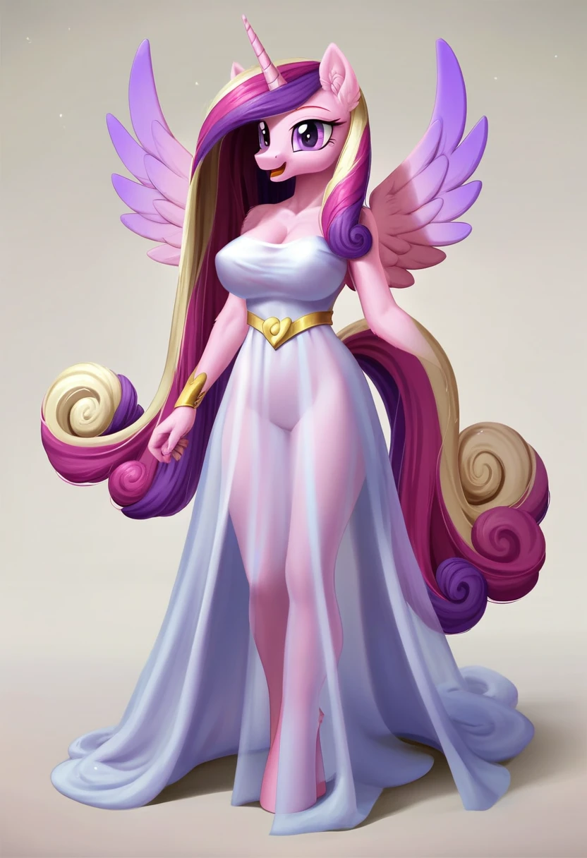 score_9, score_8_up, score_7_up, score_6_up, score_5_up, score_4_up,  by aki99, source_pony, rating_questionable, masterpiece, countershading, detailed soft lighting BREAK
anthro pony princess cadance wearing a golden see through dress, long hair, joyful, oiled, shiny, large breasts, full body, ear fluff, fashion show background 