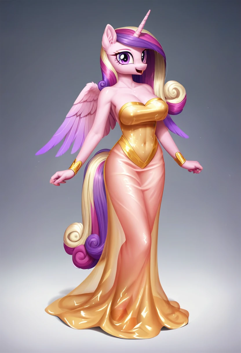 score_9, score_8_up, score_7_up, score_6_up, score_5_up, score_4_up,  by aki99, source_pony, rating_questionable, masterpiece, countershading, detailed soft lighting BREAK
anthro pony princess cadance wearing a golden see through dress, long hair, joyful, oiled, shiny, large breasts, full body, ear fluff, fashion show background 