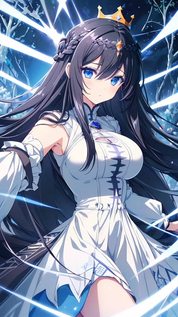 best quality, extremely detailed,anime style girl,long hair down to the waist, straight hair, ((dark black hair with bluish)),((crown braid)),beautiful detailed eyes, pinched eyes, (dark blue eyes),huge breasts,curvy,((((white main princess battle dress)))),clothing with complex patterns,cool expression,((((nature)))),((Diagonal angle)),dynamic angle