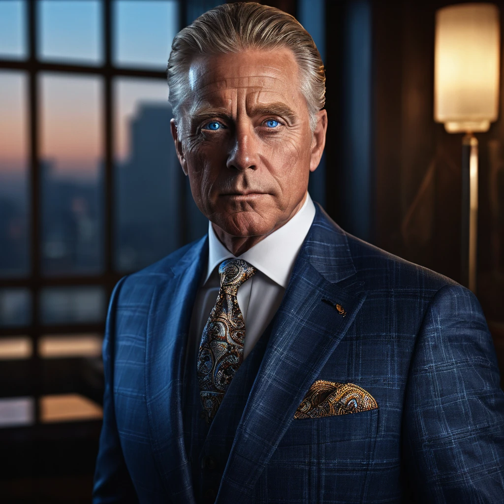 a 55 year old blue-eyed American billionaire businessman wearing a designer suit, hyper detailed face, intricate details, chiaroscuro lighting, photorealistic, 8k, (best quality,4k,8k,highres,masterpiece:1.2),ultra-detailed,(realistic,photorealistic,photo-realistic:1.37),cinematic composition,warm lighting,dramatic shadows,sharp focus,physically-based rendering,extreme detail description,professional,vivid colors,dramatic pose,serious expression