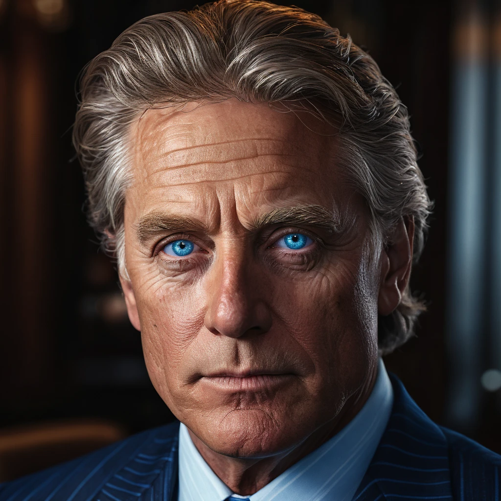 a 55 year old blue-eyed American billionaire businessman wearing a designer suit, hyper detailed face, intricate details, chiaroscuro lighting, photorealistic, 8k, (best quality,4k,8k,highres,masterpiece:1.2),ultra-detailed,(realistic,photorealistic,photo-realistic:1.37),cinematic composition,warm lighting,dramatic shadows,sharp focus,physically-based rendering,extreme detail description,professional,vivid colors,dramatic pose,serious expression