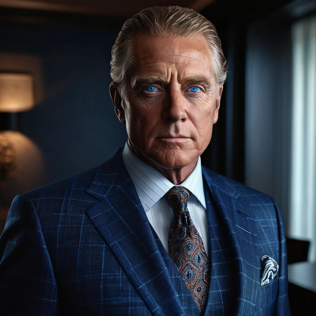 a 55 year old blue-eyed American billionaire businessman wearing a designer suit, hyper detailed face, intricate details, chiaroscuro lighting, photorealistic, 8k, (best quality,4k,8k,highres,masterpiece:1.2),ultra-detailed,(realistic,photorealistic,photo-realistic:1.37),cinematic composition,warm lighting,dramatic shadows,sharp focus,physically-based rendering,extreme detail description,professional,vivid colors,dramatic pose,serious expression