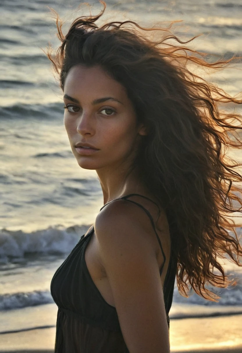 Photo prise d'une femme . Elle a de longs cheveux noirs ondulés ébouriffés par la brise océanique.. Elle est debout près de la plage, . Rétroéclairage naturel aux heures dorées. Elle souris et bois un verre, plusieurs positions