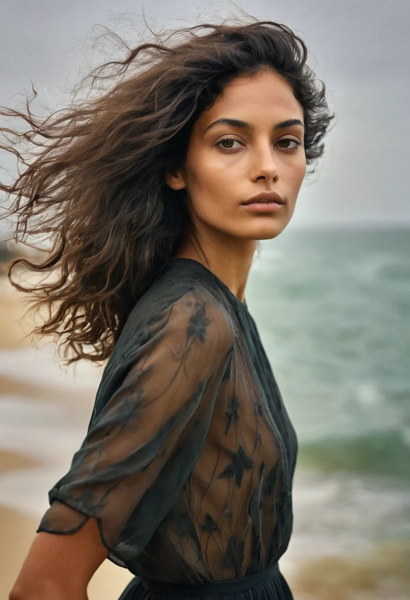 Photo prise d'une femme . Elle a de longs cheveux noirs ondulés ébouriffés par la brise océanique.. Elle est debout près de la plage, . Rétroéclairage naturel aux heures dorées. Elle souris et bois un verre, plusieurs positions