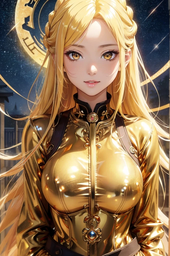 nsfw,masterpiece、highest quality、High resolution、high quality images、8K, 1 female、skin luster、skin texture、Expression of fine eyes、(Shiny bright golden hair:1.8),Girl with long braided hair, realism, Detailed manga style, manga art style, perfect line drawing, beautiful line drawing, digital manga art girl, (beautiful golden eyes:1.5), Clear, beautiful eyes、plump lips, Detailed gorgeous face, (cute smile), charm, Front view, (perfectly detailed face), (fine hands) 、photorealistic images, Depth of written boundary, Princess hairstyle, Princess、Corolla on the head , face forward , night sky , night view ,beautiful starry sky , romanticism、(Princess' gorgeous golden dress:1.5)、(medium breasts:1.5)、smile、blush、princess tiara、Fluffy blonde、Gorgeous blue sparkling earrings、Gorgeous gold bracelet、Gorgeous gold anklets、(Gorgeous gold thin nipple rings:1.3)、Palace balcony、Nadia: The Secret of Blue Water Necklace、(oblong face:1.5)、(Sparkling Glitter:1.2)、Cover your forehead with bangs、Bangs between the eyes、(full body:1.6)、(standing:1.3)、(portrait:1.0)、The chest is also visible