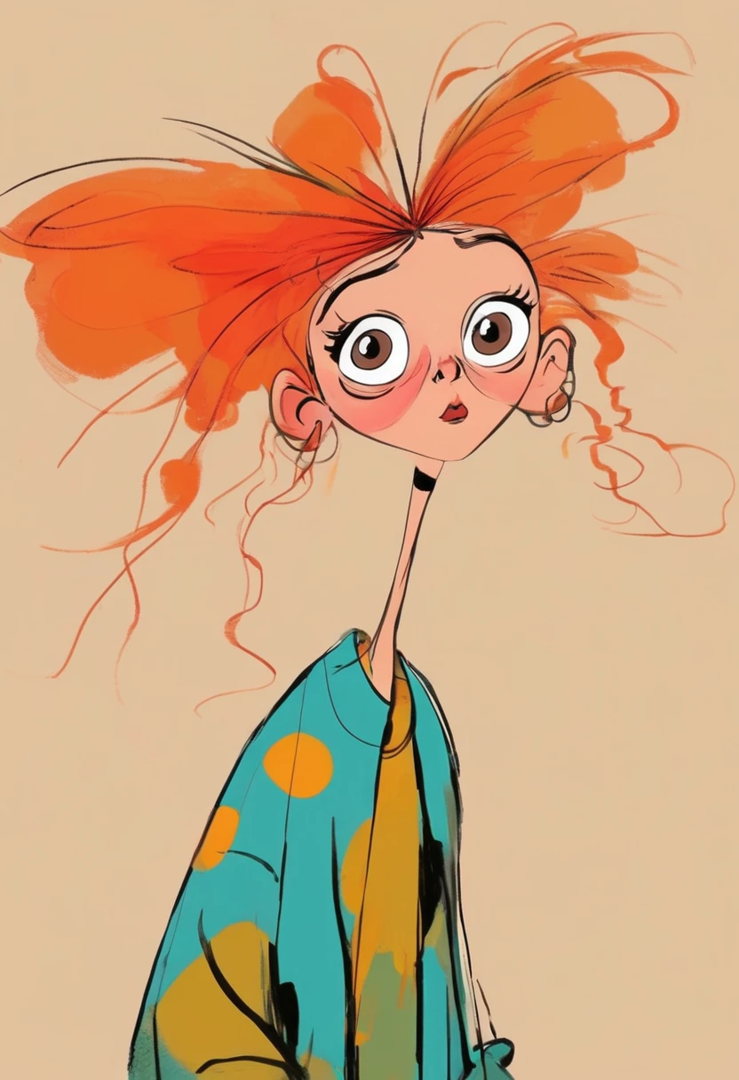 (((Digital character sketch:1.37,Matchstick Men))).(1 Girl,Solitary,big eyes,Pointed nose,(Exaggerated expression,Exaggerated hairstyle),Messy hair),(Black sketch lines,Loose brushstrokes create the outline,Cartoon Style. Bright colors and simplified lines, sketch)。(Exaggerated body movements),(Large area of blank)