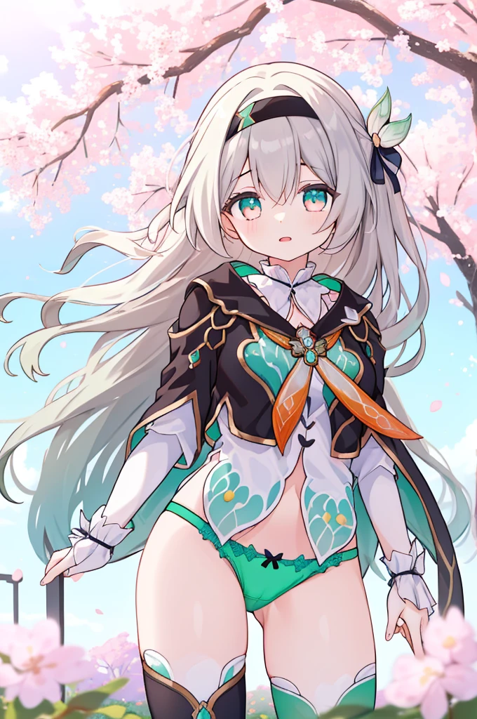 masterpiece,best quality,highres,ultra-detailed,(facing_viewer:1.1),solo,1girl,small breasts,standing,outdoors,garden,cherry blossom,trees,cowboy shot,firefly,black hairband,long hair,grey hair,jacket,orange neckerchief,thighhighs,(((no pants,underwear,panties,green panties,white_panties)))