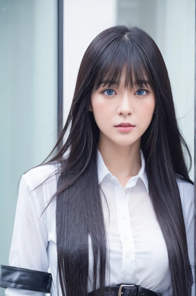 30-year-old woman,Long face,Black Hair,Asian,Long Hair,Long Bangs,Blue Eyes,White Shirt,Leather pants