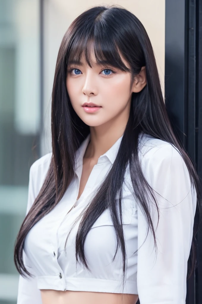 30-year-old woman,Long face,Black Hair,Asian,Long Hair,Long Bangs,Blue Eyes,White Shirt,Leather pants