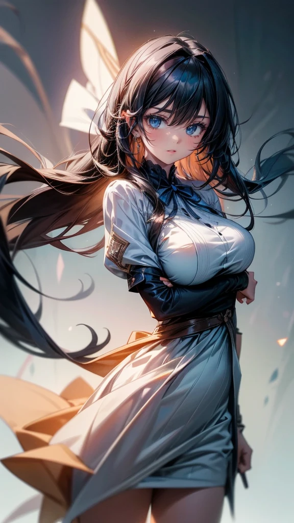 best quality, extremely detailed,anime style girl,long hair down to the waist, straight hair, ((dark black hair with bluish)),((crown braid)),beautiful detailed eyes, pinched eyes, (dark blue eyes),huge breasts,curvy,((cutie colorful clothing)),Fine decoration,clothing with complex patterns,smile,((café)),dynamic angle,active pose