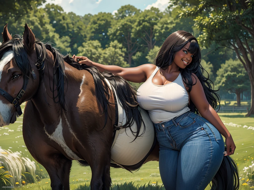 full side  view of a very full-figured  BBW woman ((riding a big draft horse):1.2), booty shorts, jeans, yellow tank top,  long hair, smiling, dark skin, . shallow depth of field, highly detailed, high budget, bokeh,  moody, epic. grass meadow. ((cartoon style):1.3). anatomically correct.