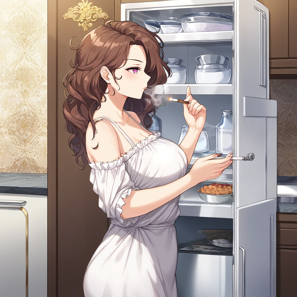 (masterpiece), best quality, expressive eyes, perfect face, perfect hands, perfect eyes, perfect anatomy, 1girl, Adult female, Mature, long brown hair, pink eyes, disheveled appearance, messy hair, dark spots under eyes, smoking cigarette, annoyed, depressed, in the kitchen, opening refrigerator, standing in front of refrigerator, looking over shoulder, standing sideways, side view, high detail, best detail, intricate detail, high detailed background, complex background [3], beautiful detail, amazing detail, great detail, beautiful background, great aesthetic, 