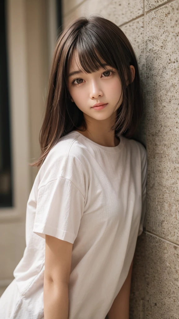 (top-quality、16K resolution)女の子1人、独奏、natural soft light、small tits、A Japanese Lady、Looking at the camera、white t-shirts、Concrete background、Facing the front、is standing、bobhair、Woman in her late teens、Light bangs、short-hair、Salon model、Natural look、portlate、floated hair、Rolled hair