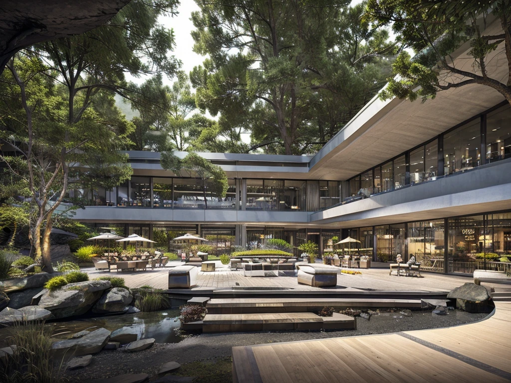 cafe restaurant, a music stage in a cave, big stage, tone white, spotlights, natural lighting, musical equipment, guitars, pianos, drum sets, trumpets, realistic, surreal,
Wide space, trees around