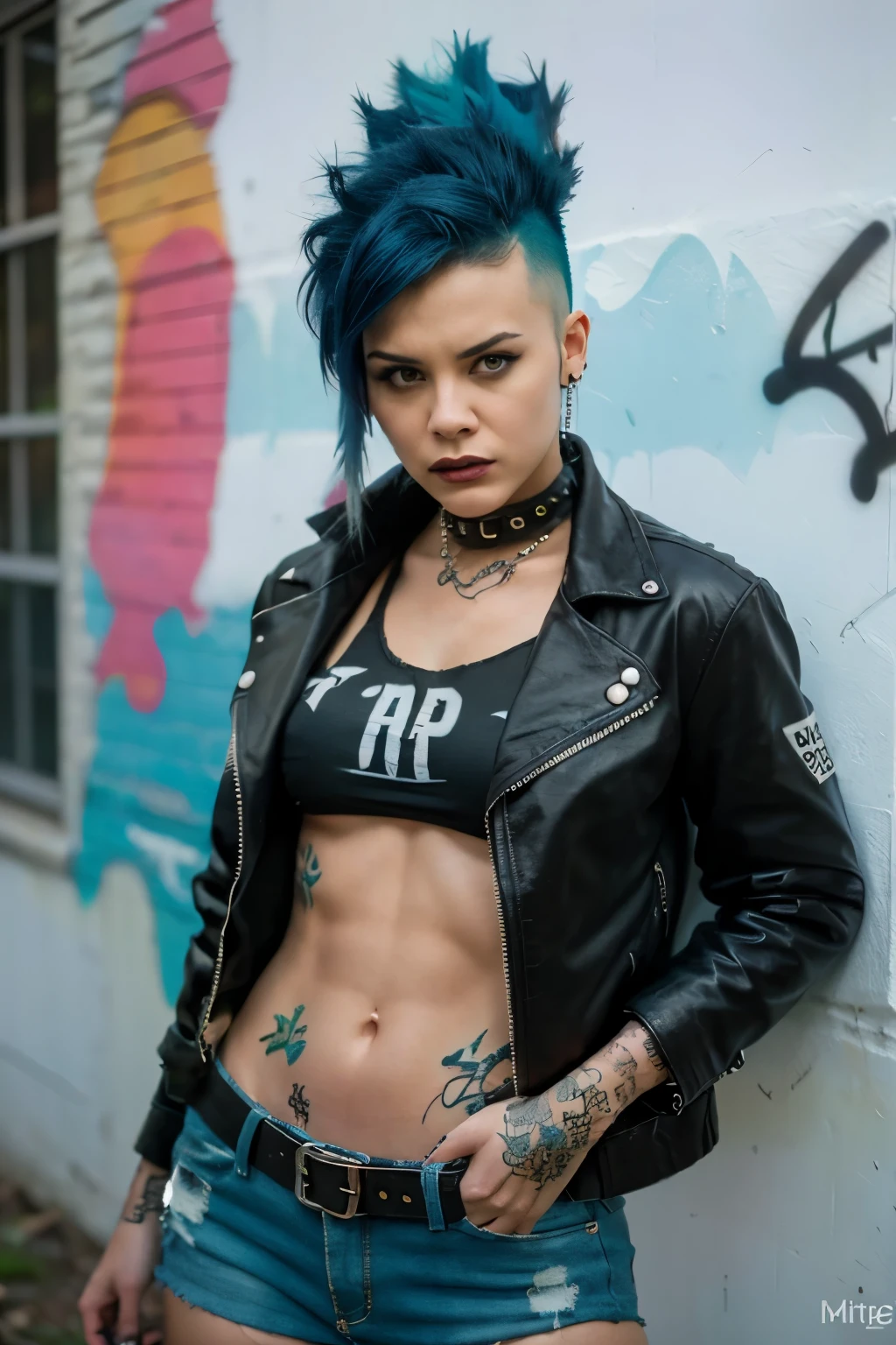 (work of art, best qualityer:1.2), 1 girl ,intrincately detailed, "Punk Girl", in dynamic pose, ((mohawk hair, BLUE punk hair, angry face, wearing a black jacket, Rocket style, tattooed , hot body, abs)) . Shallow depth of field, vignette, highy detailed, high budget, bokeh, cinemascope, temperamental, epic, marvelous, film grain, grainy. ((Abandoned grafitti wall background)).