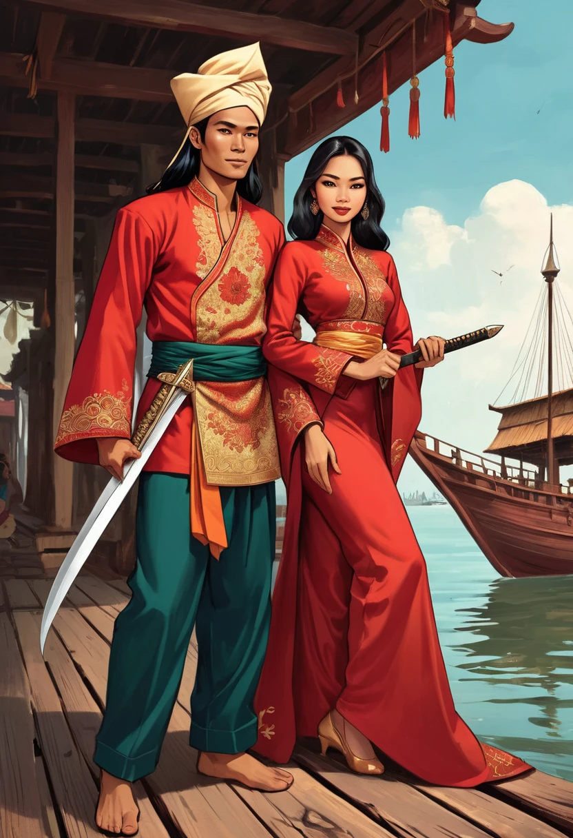 a comic book cover, illustration style. Titled written "PAHLAWAN KU" a Malay Javanese man, wearing traditional man costume, long hair wearing Tanjak on his head, holding a long Javanese dagger called Sundang. heroic poses. Besides him, a young beautiful Malay woman (supermodel) wearing Malay traditional outfits called Kebaya in red colour. She wrap her hand around the man. They are standing on a old ship dock. full body shot. Background of old historical ship in 1511 centuries in Malacca.