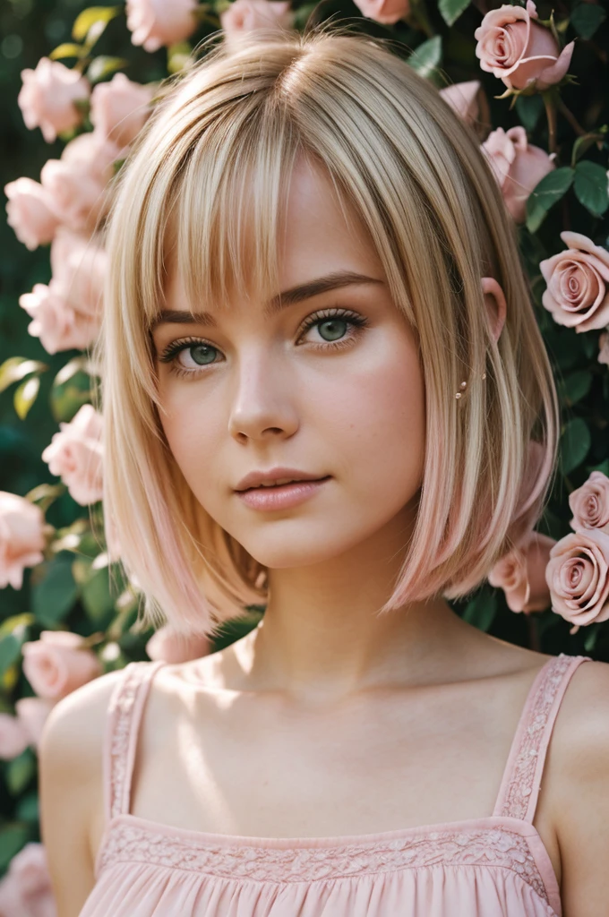 8k, RAW photo, Fujifilm, style photo of a beautiful young woman as avril in a garden of light pink roses (highly detailed skin: 1.2) Style-Petal BREAK short hair, blonde hair with colored locks, wearing a dress, film granulation, 35mm, cute style