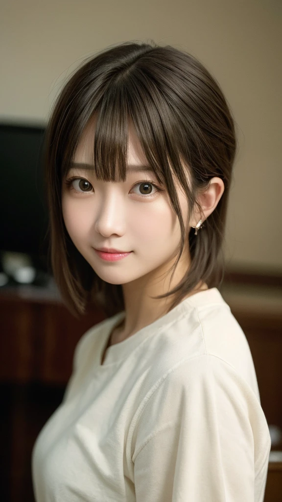 masterpiece, best quality, 8K, disorganized person, (Upper body:1.4), white shirt, beautiful girl, pretty face, looking at the viewer, smile, super realistic, high resolution, picture, sharp focus, HDR, face light, dynamic lighting, movie lighting, professional shadow, simple background, best details, very detailed, Super detailed, fine details, real skin, delicate features, detailed face and eyes, sharp pupils、realistic student