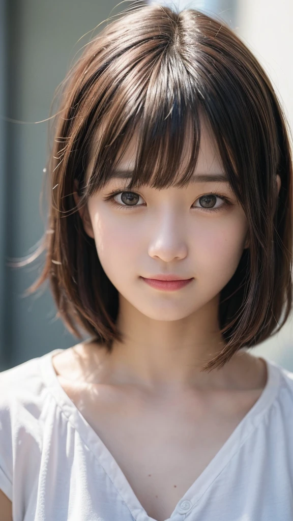 masterpiece, best quality, 8K, disorganized person, (Upper body:1.4), white shirt, beautiful girl, pretty face, looking at the viewer, smile, super realistic, high resolution, picture, sharp focus, HDR, face light, dynamic lighting, movie lighting, professional shadow, simple background, best details, very detailed, Super detailed, fine details, real skin, delicate features, detailed face and eyes, sharp pupils、realistic student