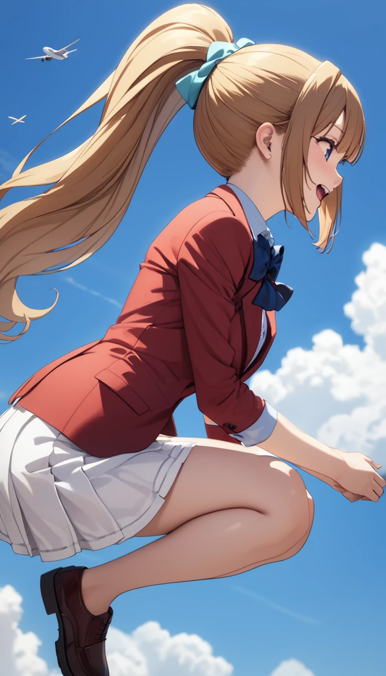 masterpiece, best quality, highres, ponytail hair, (single braid:1.2), hair ribbon, red blazer,buttoned blazer, blue bowtie, white skirt,smile,open mouth,from front side,flying,bending knee, blue sky, 