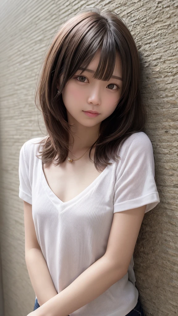 Cute girl tied up、beauty、Even out the eyey hands are tied with ropes、Inside the hotel room、White short sleeve shirt、Navy blue standing in front of a wall、Age 25、Medium build、Small face、, light brown hair, shiny hair, hair over shoulder, expressive hair, straight hair, asymmetrical bangs, seductive smile, Surrealism, Verism, depth of field, cinematic lighting, first-person view, Nikon, f/1.2, UHD, anatomically correct, textured skin, best quality, highres, 8k