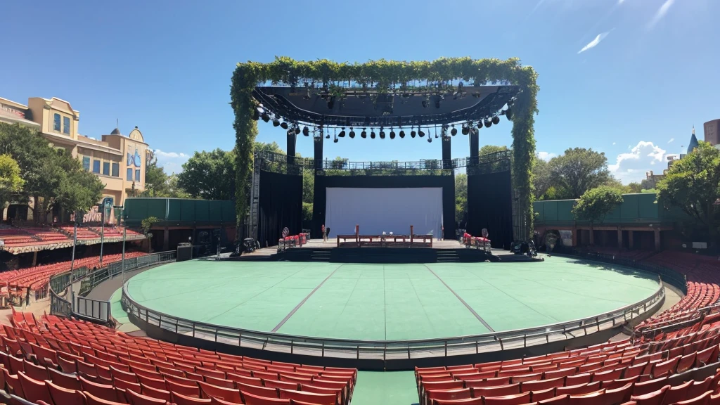 An empty Disney-style outdoor stage during the day