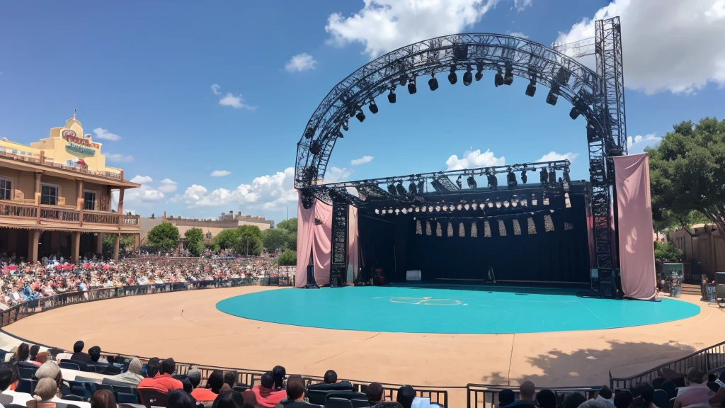 An empty Disney-style outdoor stage during the day