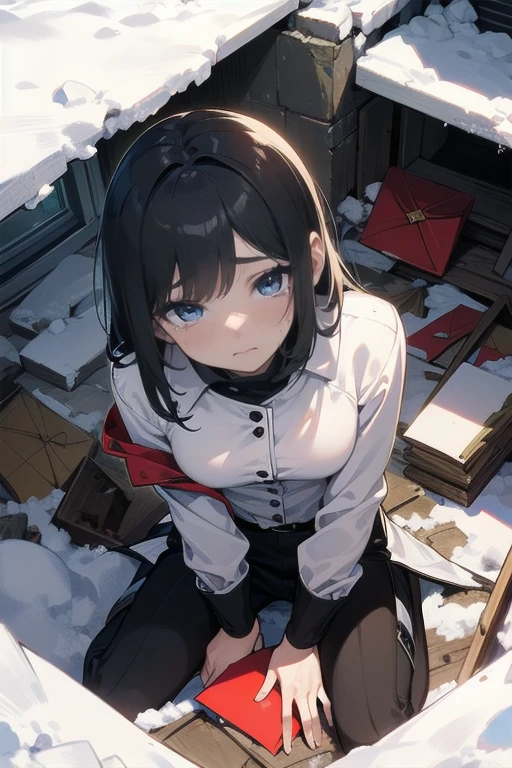 (Very detailed CG ユニティ 8k 壁紙),(masterpiece), (Highest quality), (Very detailed), (Best illustrations),(Best Shadow), (Sharp eyeliner, eye shadow, Detailed eyes:1.1), (Remains, destruction, rubble, snow:1.2), Cowboy Shot, ,break, ＦＮＣ, (Red envelope on lap, Emotionless, tears, Post-traumatic stress disorder, Torn clothes, Corruption, dirty, On my knees:1.1), 