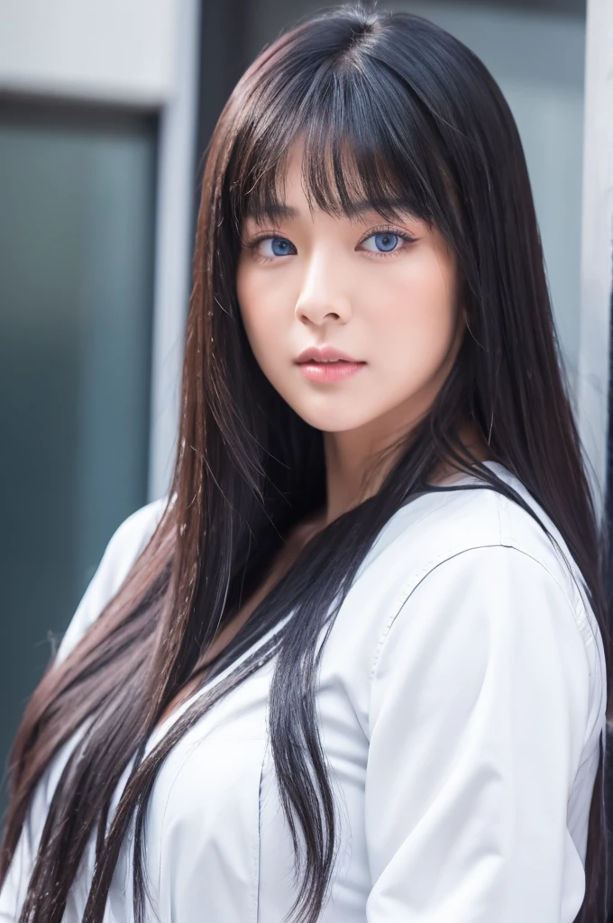30-year-old woman,Long face,Black Hair,Asian,Long Hair,Long Bangs,Blue Eyes,White Shirt,Leather pants