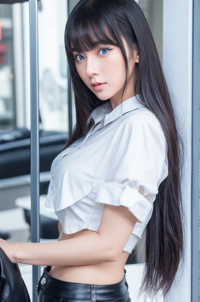 30-year-old woman,Long face,Black Hair,Asian,Long Hair,Long Bangs,Blue Eyes,White Shirt,Leather pants