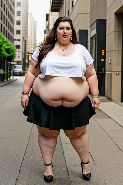 masterpiece, best quality, live action photo, 140kg extremely obese woman, large stomach, mini skirt, high heel, necklace, earring, bracelet