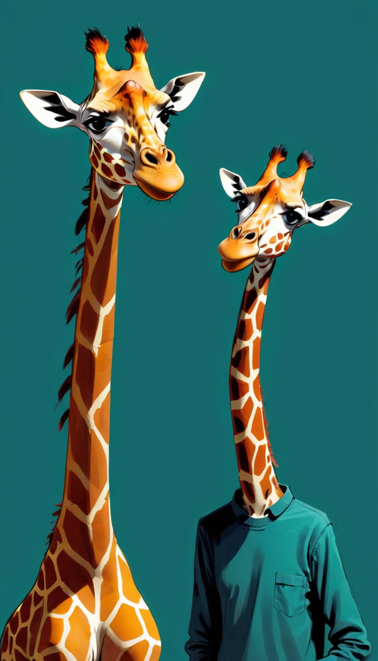 (((Exaggerated digital character sketches:1.37,Matchstick Men))).(1 giraffe,(Exaggerated expression,),(Black sketch lines,Loose brushstrokes create the outline,Cartoon Style. Bright colors and simplified lines, sketch)。(Exaggerated body movements),(Large area of blank)