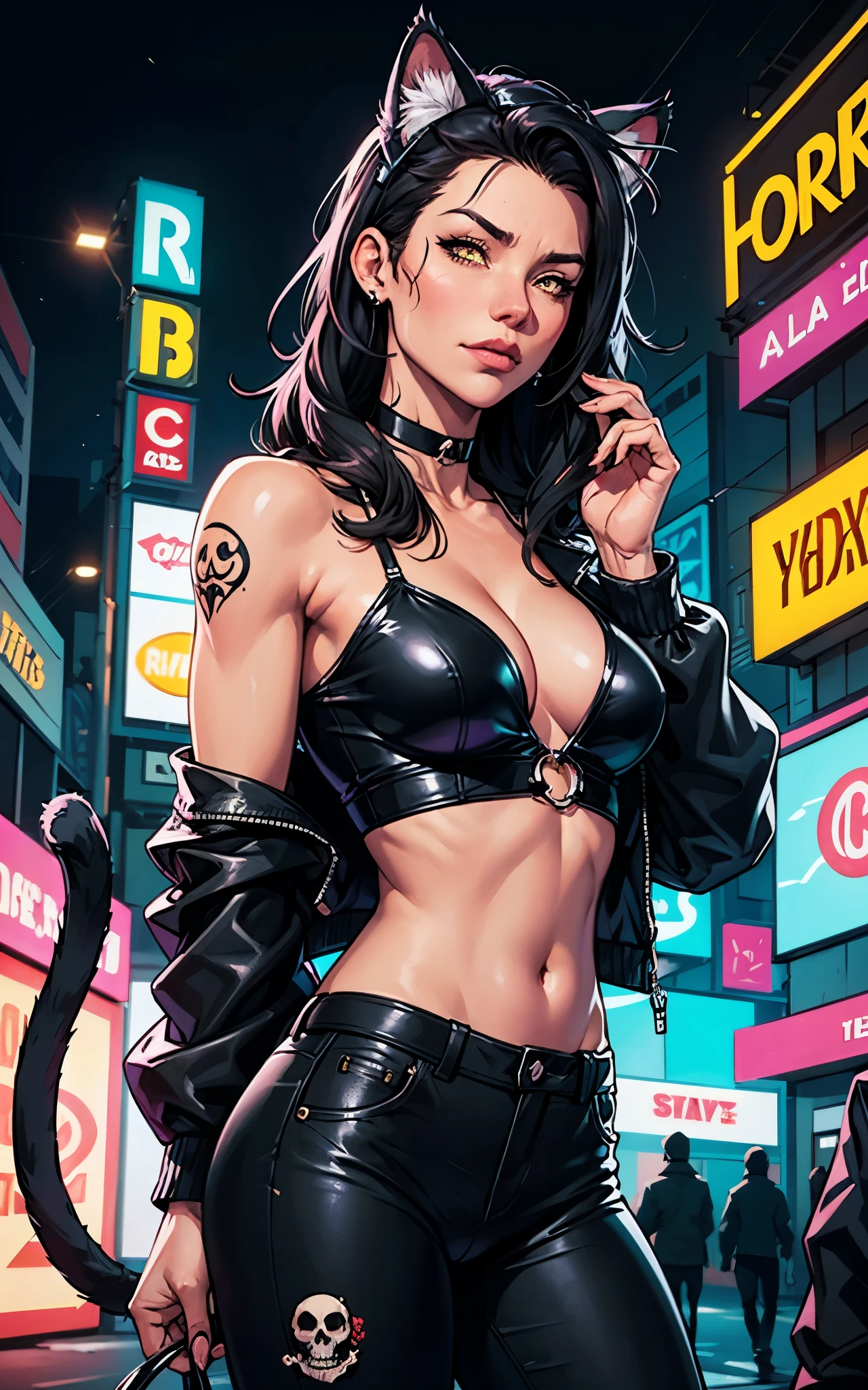 (Evangeline Lilly) Digital illustration featuring a anthropomorphic feline+paws+claw+tail with a striking appearance set against a vibrant, neon-lit urban background. She has human face and black hair with a prominent white streak, styled in a modern. She has yellow eyes. Her skin is fair with a strong complexion, and she has distinct facial features including sharp eyebrows, amber-colored eyes. She wears cat ears on her head, adding a playful yet fierce element to her look. Her attire includes a black choker and a black jacket. A noticeable tattoo of a skull with a gear design is visible on her upper arm. The background is filled with colorful, blurred neon signs in various shapes and sizes, contributing to the cyberpunk aesthetic of the image.