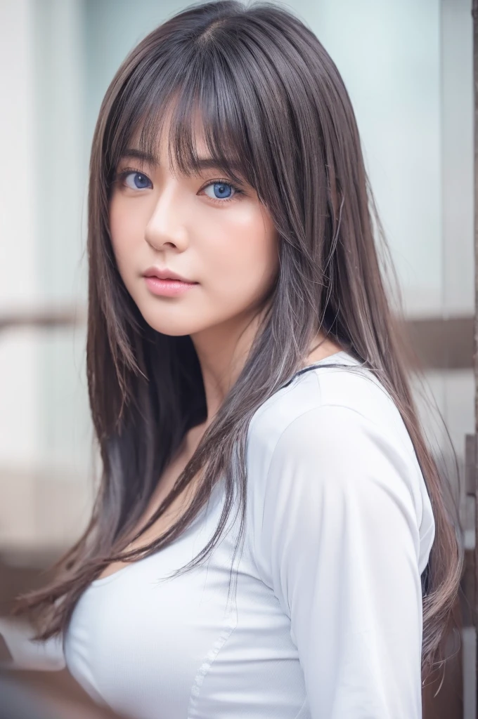 30-year-old woman,Long face,Gray Hair,Asian,Long Hair,Long Bangs,Blue Eyes,White Shirt,Leather pants