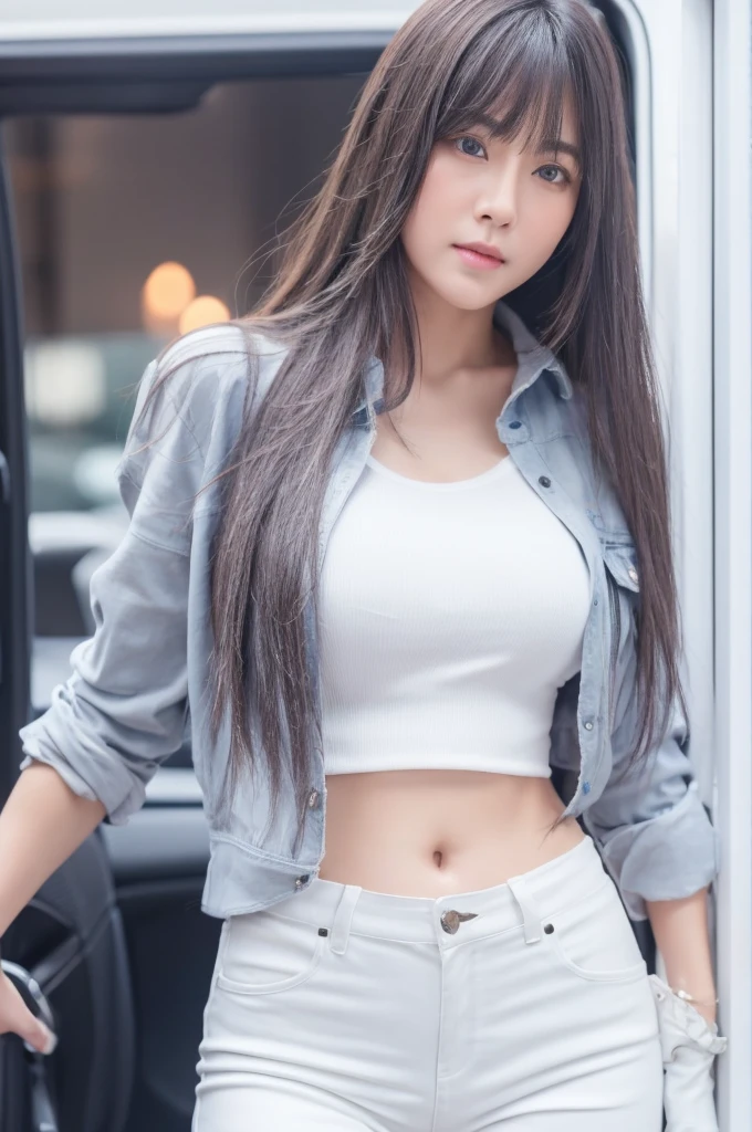 30-year-old woman,Long face,Gray Hair,Asian,Long Hair,Long Bangs,Blue Eyes,White Shirt,Leather pants