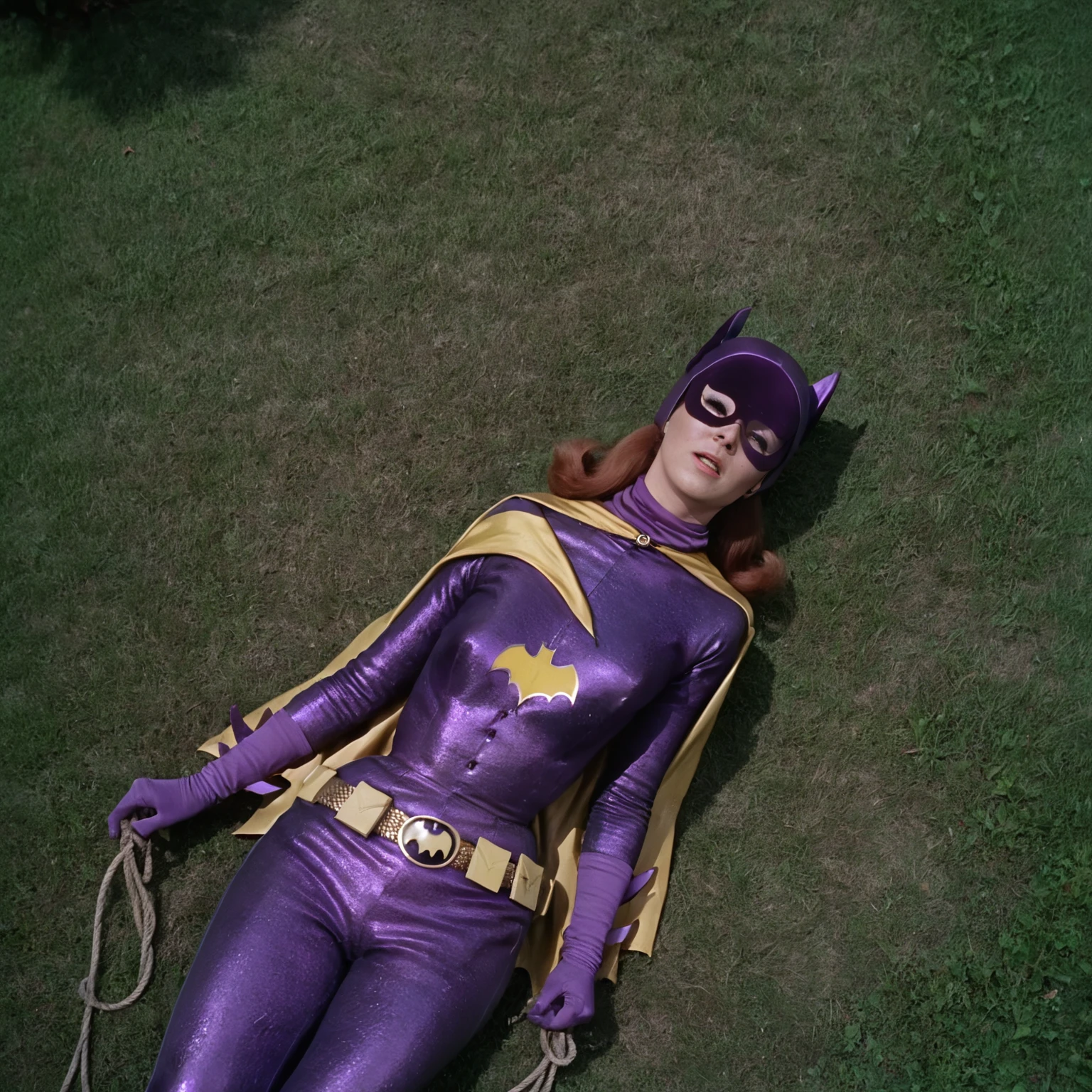 yvonne craig woman, lying on the grass, shrugged shoulders, her body is tied by a rope which contracts and squeeze her body, she cant move while she is squeezed by the rope, she is in pain , 60's style, analog film, on grass, film grain