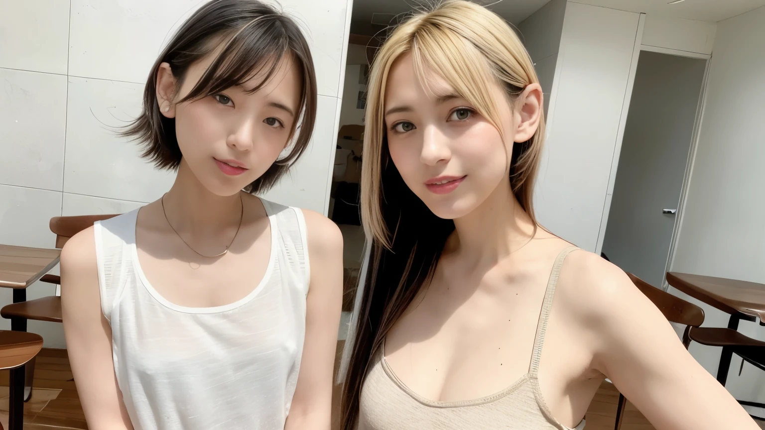super high quality, smile, Slenderのネックレス, Slender, Gravure photoshoot, The staff is working at the counter in the back., (8k、RAW Photos、Highest quality、masterpiece:1.2), Stylish café, (Realistic、Photorealistic:1.37), Beautiful Face , Urban Cafe, Golden Ratio, Raw photo, Light Brown Hair, Small breasts, Bright cafe interior, Blurred Background, Famous actress, Summer clothes, Beautiful hairstyle, Photographed inside the cafe, Hair blowing in the wind, Neat clothes, T-Shirts, 18-year-old, Cool older sister, Stylish clothes, 
