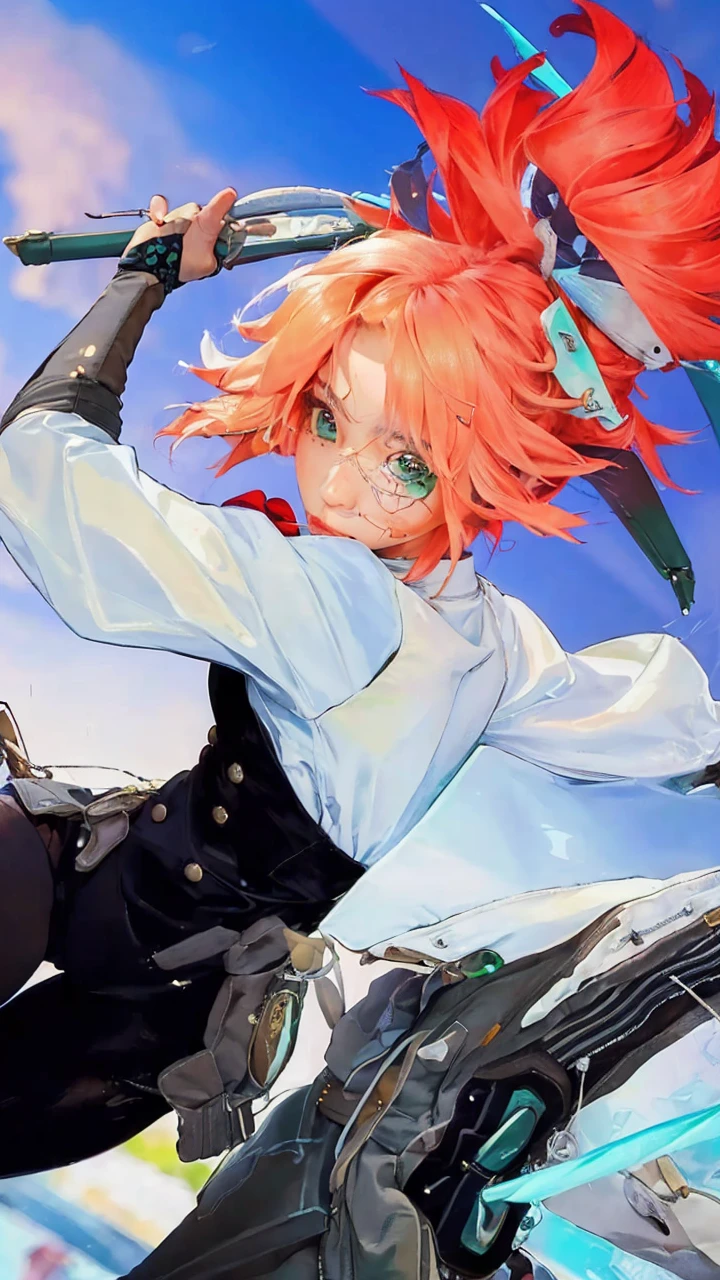 (masterpiece:1.2), (photorealistic:1.2), (best quality),((realistic:1.3)), (detailed skin:1.3), (intricate details), Half body shot in a dynamic, action pose. Cool, beautiful, youthful and sexy 20 year old woman wearing an army green bomber jacket holding a katana high, her head tilted slightly upwards, hair is graying white in a bob cut, midrib exposed. Cinematic composition. Jacket with cool embroidery from western pop culture.