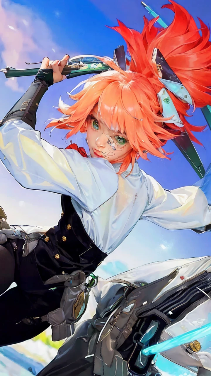 (masterpiece:1.2), (photorealistic:1.2), (best quality),((realistic:1.3)), (detailed skin:1.3), (intricate details), Half body shot in a dynamic, action pose. Cool, beautiful, youthful and sexy 20 year old woman wearing an army green bomber jacket holding a katana high, her head tilted slightly upwards, hair is graying white in a bob cut, midrib exposed. Cinematic composition. Jacket with cool embroidery from western pop culture.