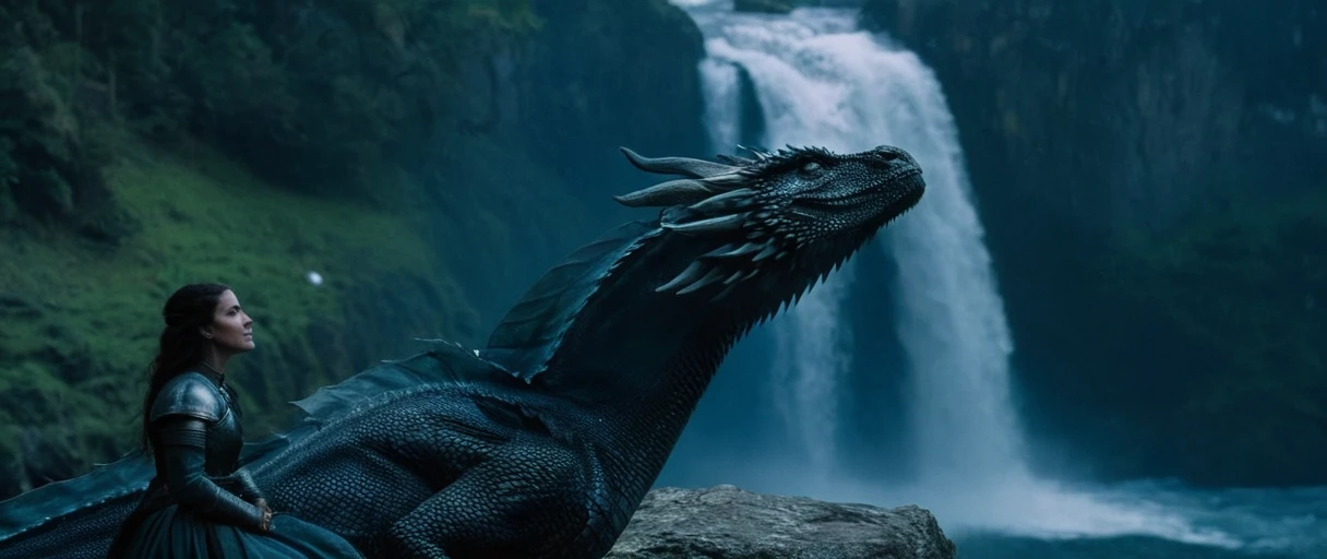 cinematic film still of  Film Grain style
 Chiaroscuro Lighting style
In medieval times Dragon sits by the waterfall, observing,1girl,outdoors,sky,teeth,sharp teeth,scenery,1other,blue theme,fantasy,dragon,riding , cinematic, film, movie still, movie style, film style, fantasy drama, epic drama, dramatic light, dramatic shadow, fictional, Age of Wonders, Age of Empires, warriors,  Medieval style, middle ages, dungeons and dragons style, contrast, color, different people, different, unique, kingdoms and castles style, friendly, tame, detailed, perfection, detailed face, detailed body, detailed hands, detailed eyes, sharp, Game of Thrones style, shallow depth of field, vignette, highly detailed, high budget, bokeh, cinemascope, moody, epic, gorgeous, film grain, grainy