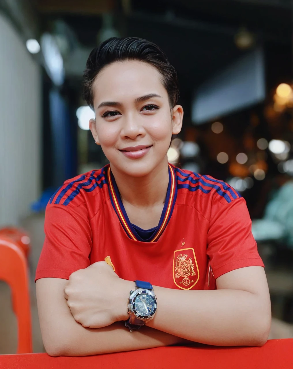 Masterpiece:1.2, high quality, best quality, high resolution, detailed, hyper realistic, 1 malay girl, wear baju kurung, in hotel balcony, bright short white hair, Shaggy Bob Haircut with Bangs, brown eyes, head tilt, sunset, Portrait, smile, showing teeth, (detailed face), ((sharp focus)), ((face)), upper body, mid shot portrait,