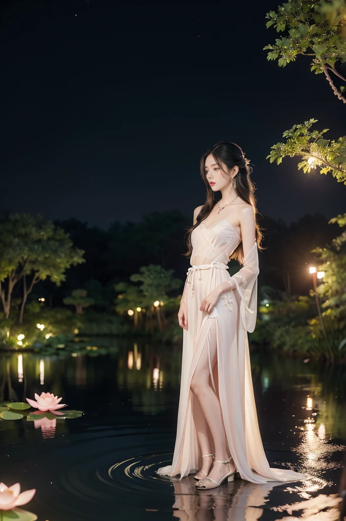 (((best quality))),(((ultra detailed))),(((masterpiece))),illustration,((1 beautiful young girl,solo)),((slim,thin)),(shoulder length straight hair:1.2),((earrings,necklace)),((small breasts,flat chest)),(see through traditional pink sheer Hanfu dress:1.3),((slender legs,bare legs,loafers)),(beside the lotus pond full of lotus flowers:1.3), serene moonlight, ethereal,floral pattern, water movement, billowing fabric, tranquil,petals, fireflies, magical, light,warm light, dreams, invitation, (standing:1.3),(arms behind back:1.3),gazing, reflection, inner thoughts, emotional, sweet scent, natural beauty, solitude, hypnotic lull, eternal summer,(night scene:1.3), natural world, human spirit, celebration, backdrop, water, glow,((from front,full body))