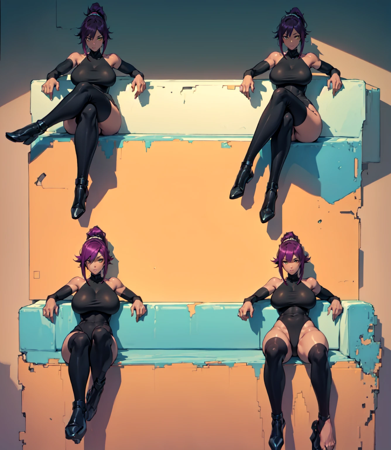 1girl, sofa, sitting, legs crossed, bodysuit, black bodysuit, bare arms, bare shoulders, (large breasts:1.2), yoruichi shihouin, dark skin, dark-skinned female, ponytail, purple hair, yellow eyes, (black leotard:1.4), thighhighs, full body, ((Leg Crossing )), Design an animation sprite depicting a character crossing their legs. The character wears a full-body black suit with purple hair. Show the sequence in four frames, each subtly different to convey the movement
