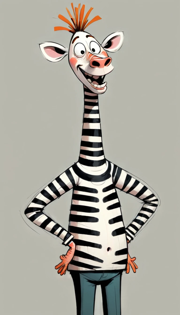 (((Exaggerated digital character sketches:1.37，Matchstick Men))).(1 zebra，(Exaggerated expression,)，(Black sketch lines，Loose brushstrokes create the outline，Cartoon Style. Bright colors and simplified lines, sketch)。(Exaggerated body movements),(Large area of blank）