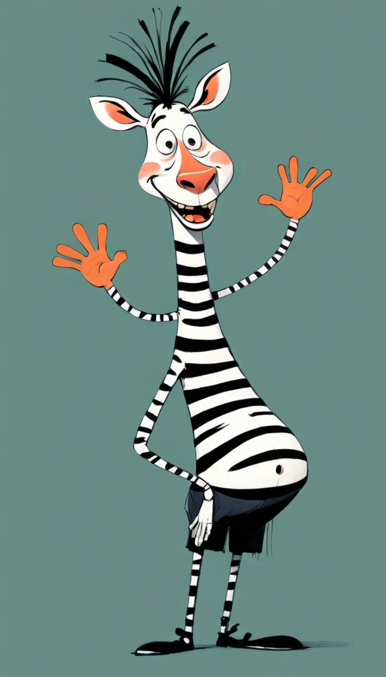 (((Exaggerated digital character sketches:1.37,Matchstick Men))).(1 zebra,(Exaggerated expression,),(Black sketch lines,Loose brushstrokes create the outline,Cartoon Style. Bright colors and simplified lines, sketch)。(Exaggerated body movements),(Large area of blank)