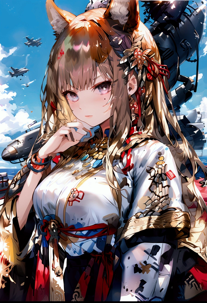 ((Battleship Girls))),(((Azur Lane)))、((Amagnagi))、Brown long hair、Sodium Bicarbonate Ship、Big Breasts、(Fox ears)、(Red and black kimono)(((Aircraft Carrier Personification))