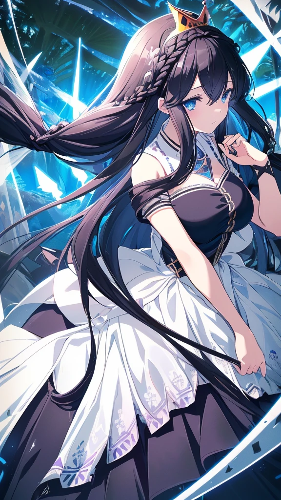 best quality, extremely detailed,anime style girl,long hair down to the waist, straight hair, ((dark black hair with bluish)),((crown braid)),beautiful detailed eyes, pinched eyes, (dark blue eyes),huge breasts,curvy,((((white main princess battle dress)))),clothing with complex patterns,cool expression,((((nature)))),Sunlight,((Diagonal angle)),dynamic angle