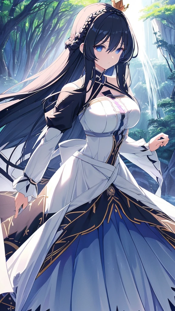 best quality, extremely detailed,anime style girl,long hair down to the waist, straight hair, ((dark black hair with bluish)),((crown braid)),beautiful detailed eyes, pinched eyes, (dark blue eyes),huge breasts,curvy,((((white main princess battle dress)))),clothing with complex patterns,cool expression,((((nature)))),Sunlight,((Diagonal angle)),dynamic angle